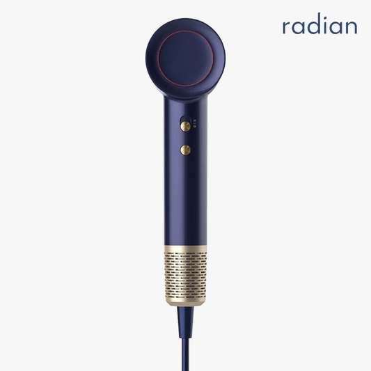 Radian Vortex Lite hair dryer in navy blue with gold accents, front view