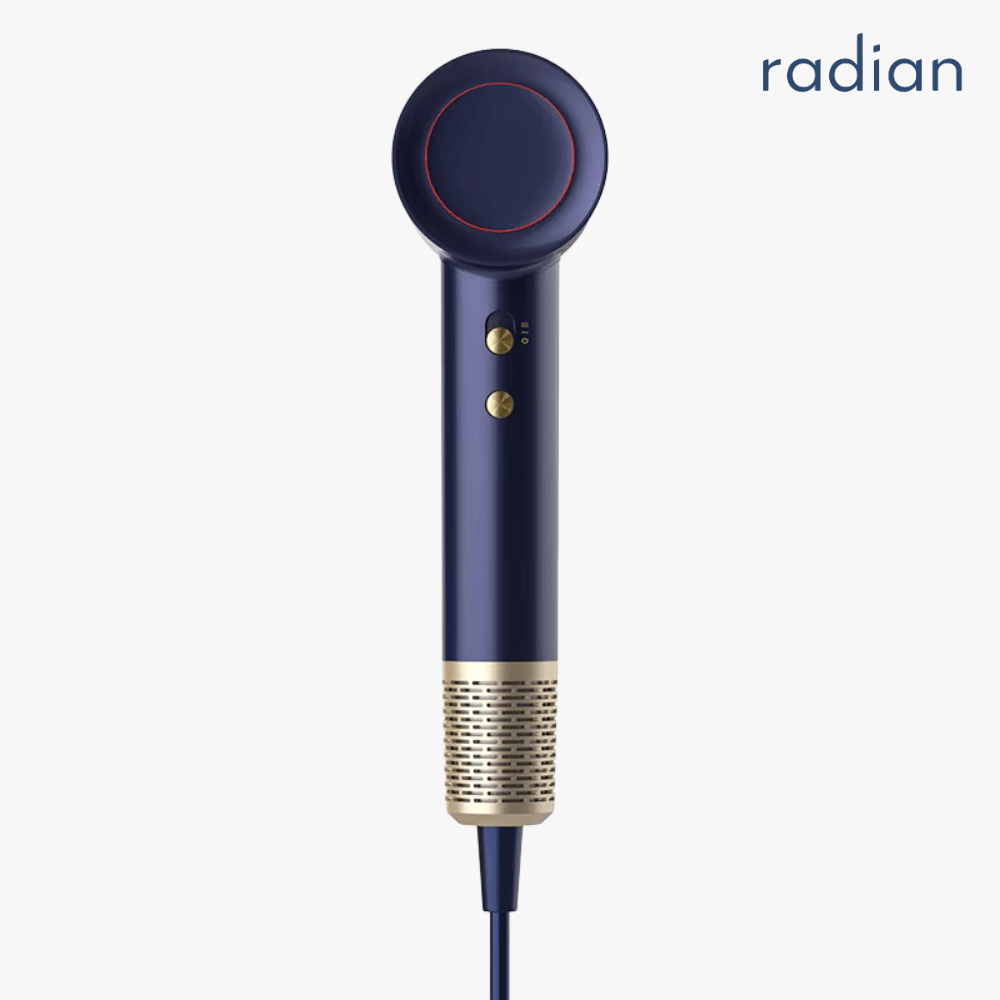Radian Vortex Lite hair dryer in navy blue with gold accents, front view