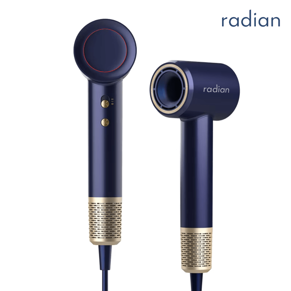 Radian Vortex Lite hair dryer in navy blue with gold accents, front and side view