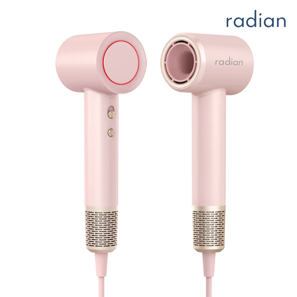 Radian Vortex Lite hair dryer in soft pink with gold accents, front and side view