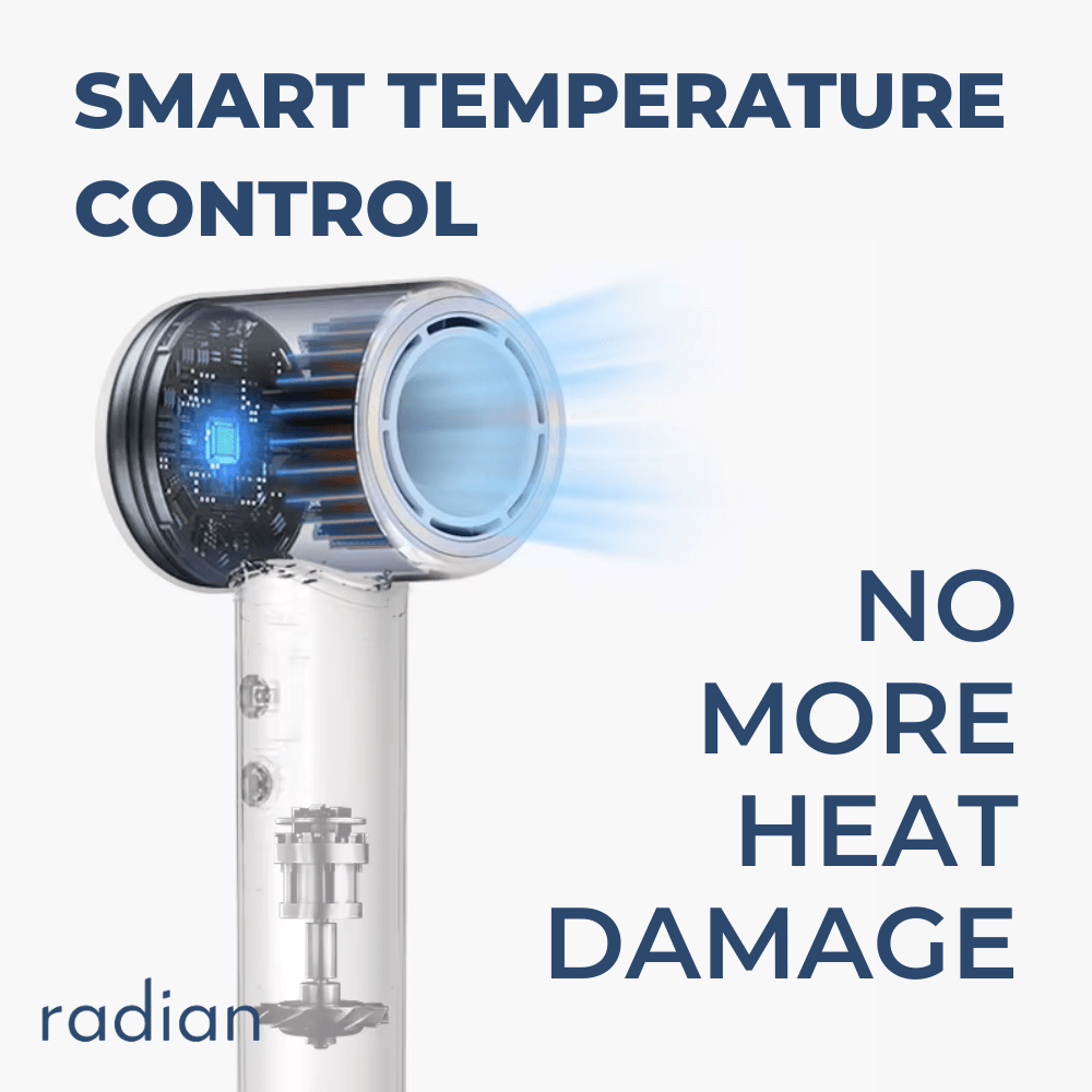 Radian Vortex Lite hair dryer showing smart temperature control technology to prevent heat damage