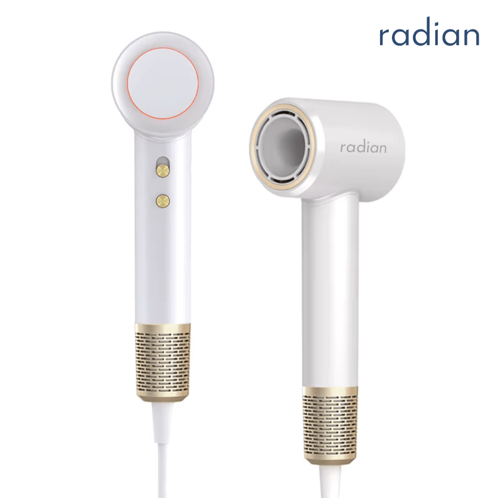 Radian Vortex Lite hair dryer in white with gold accents, front and side view