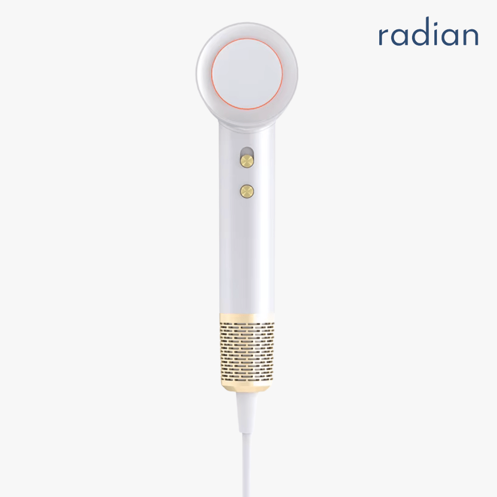 Radian Vortex Lite hair dryer in white with gold accents, front view